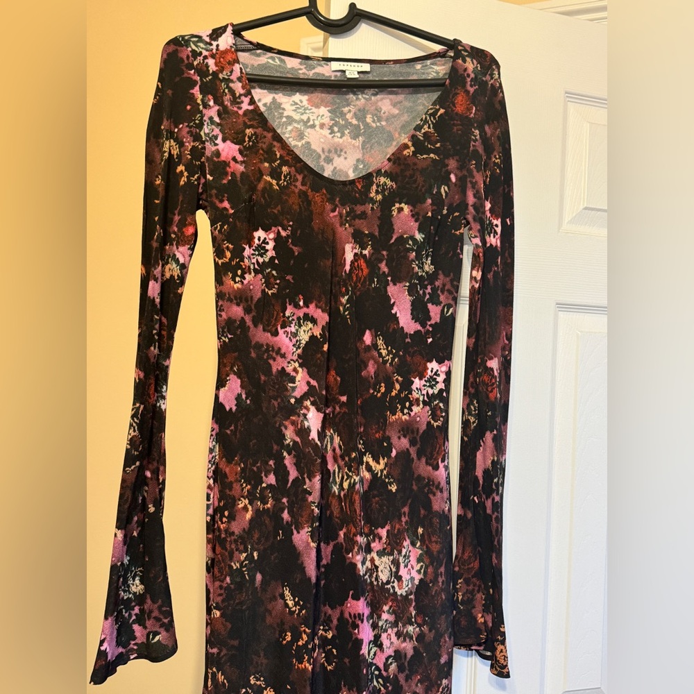 Topshop V-neck fluted sleeve scoop neck maxi column dress in dark floral print
